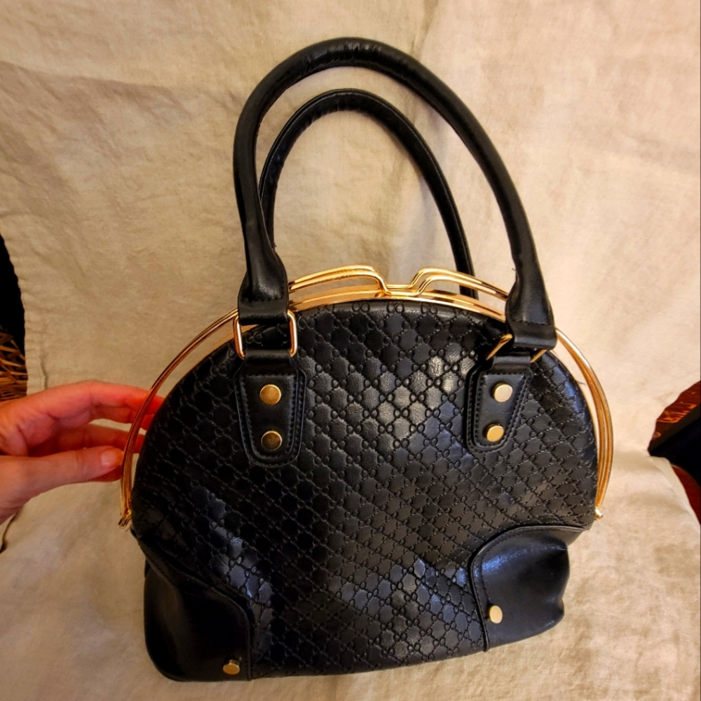 Black Vegan Leather Handbag with Gold Trim